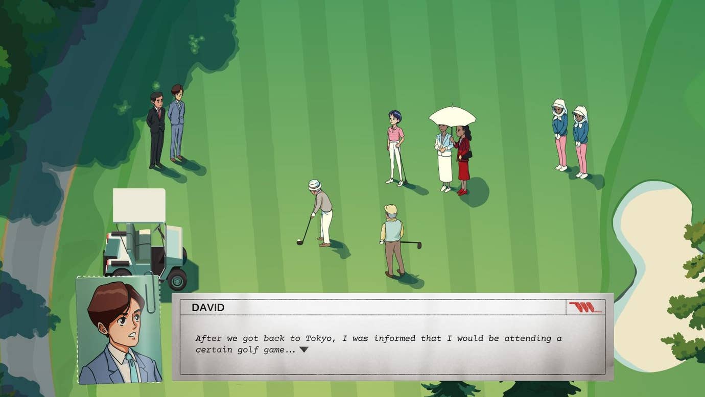 The chairman of the Matsuzawa company plays golf as David and others look on.